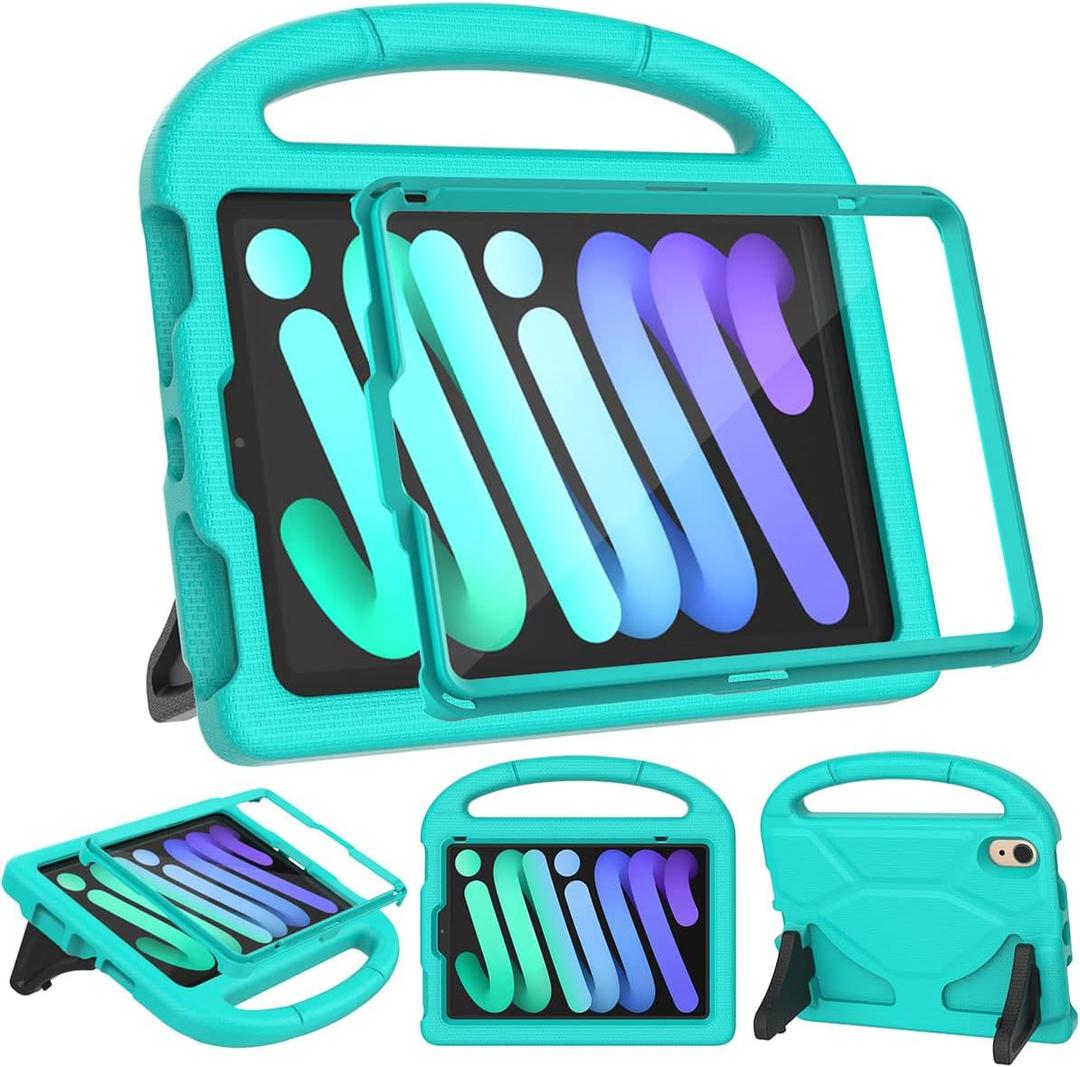 SUPLIK Kids Case for iPad mini 7 (A17 Pro) 2024 & iPad mini 6 (A15) 2021, 8.3-inch iPad mini 6th/7th Generation Case with Screen Protector, Durable Shockproof Kids Cover with Handle Stand, Cyan