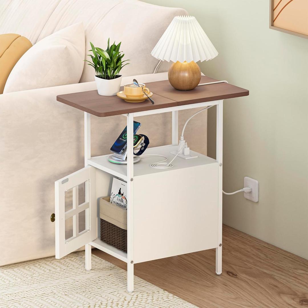 Farmhouse Narrow Side Table with Charging Station - 3-Tier End Table with USB & Outlets Compact Bedside Storage Table for Small Spaces, Multi-Functional Accent Table for Bedroom, Couch Corner Entryway (White-glass)