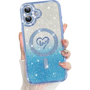 MZELQ Compatible with iPhone 16 Plus Case Plating Magnetic [Support for Magsafe] Bling Glitter Love Heart Back Diamond Camera Lens Cover Crystal Matte Luxury Case for Girls Women -Blue
