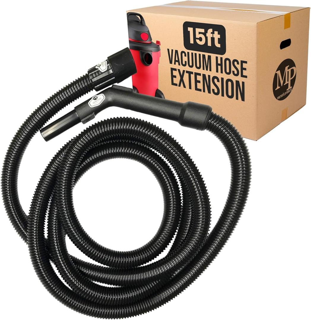 MP Maresh Products Vacuum Cleaner Replacement Hose - Vacuum Hose Extension for Wet Dry Vacuums, Heavy Duty Crushproof Industrial Grade 15 Foot Hose by 1-1/4 Inch Air Suction Control Connector - Black
