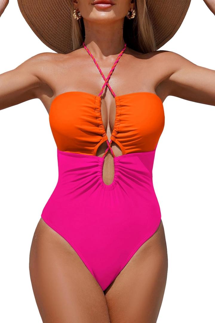 Women's One Piece Swimsuit Tummy Control Bathing Suit Sexy Flattering Cutout Criss Cross Swimwear (Pink, L)
