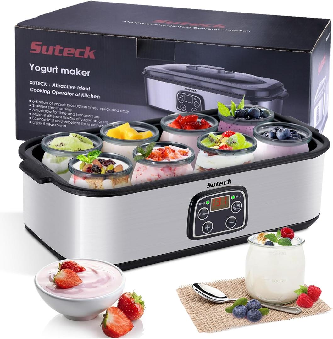 Yogurt Maker Automatic Digital Yoghurt Maker Machine with 8 Glass Jars 48 Ozs (6Oz Each Jar) LCD Display with Constant Temperature Control Stainless Steel Design for Home Use