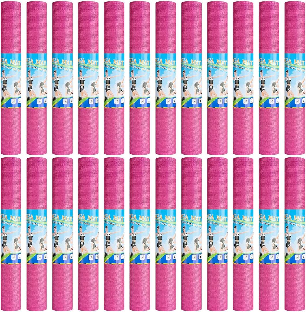 Funtery 24 Pcs 3 mm Thick Yoga Mat Bulk, 68.11" x 24.02" Exercise Workout Mat Non Slip Fitness Yoga Pad for Women Kids Gym Pilates Home Schools, Non Toxic Sturdy and Easy to Clean (Rose)