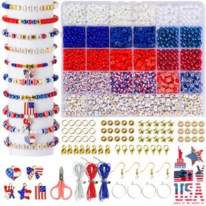 Goldwise 2958 Pcs 4th of July Red White and Blue Beads Bracelet Making Kit with Clay Beads Glass Seed Beads Tattoo Stickers, Patriotic Beads for Jewelry Making with Letter Beads and Charms