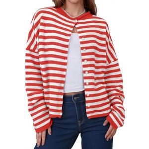 GREAIDEA Womens Striped Cardigan Sweaters Casual Trendy Open Front Long Sleeve Button Down Lightweight Knit Fall Sweater M