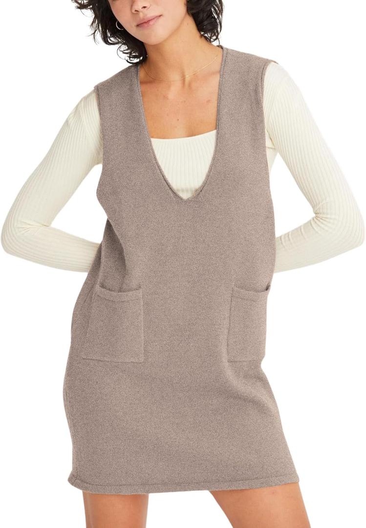 Womens Sweater Vest Dress V Neck Sleeveless Knit Pullover Pinafore Mini Dress with Pockets (X-Small, Mocha)