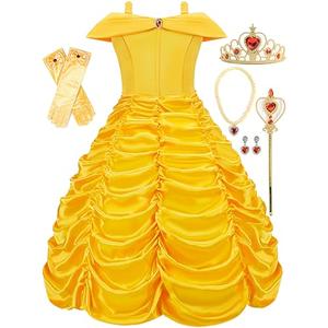 Funna Princess Costume Layered Dress Off Shoulder for Girls Dress Up with Accessories Yellow, 5T (120)