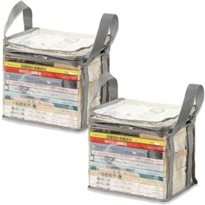 2PCS Clear Book Storage Bag Plastic Comic Books Organizer Collapsible Book Display Case with Lid and Lifting Handle for Books Used Toys 38x24x32cm/15x9x13inches
