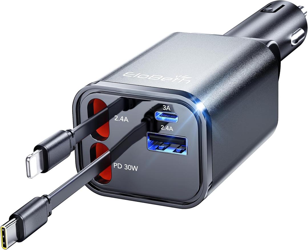 Retractable Car Charger,69W Car Phone Charger USB C Fast Charge,Cigarette Lighter USB Charger Car Accessories for Women,Road Trip Essentials Gift for Men,RV Power Adapter for iPhone 17/16/15/14,Galaxy (Gray)