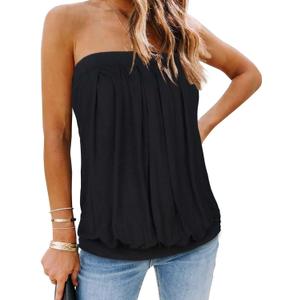 CHICGAL Women's Off The Shoulder Tops Summer Casual Bandeau Tank Casual Strapless Tube Blouse Shirts (Black, L)