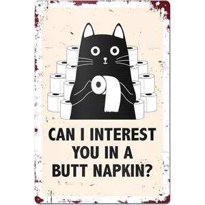 Funny Cat Bathroom Decor Black Cat Sign Can I Interest You In A Napkin Tin Sign for Bathroom Toilet Restroom Wall Decor Accessories, Gifts for Cats Lovers, 8x12 Inches