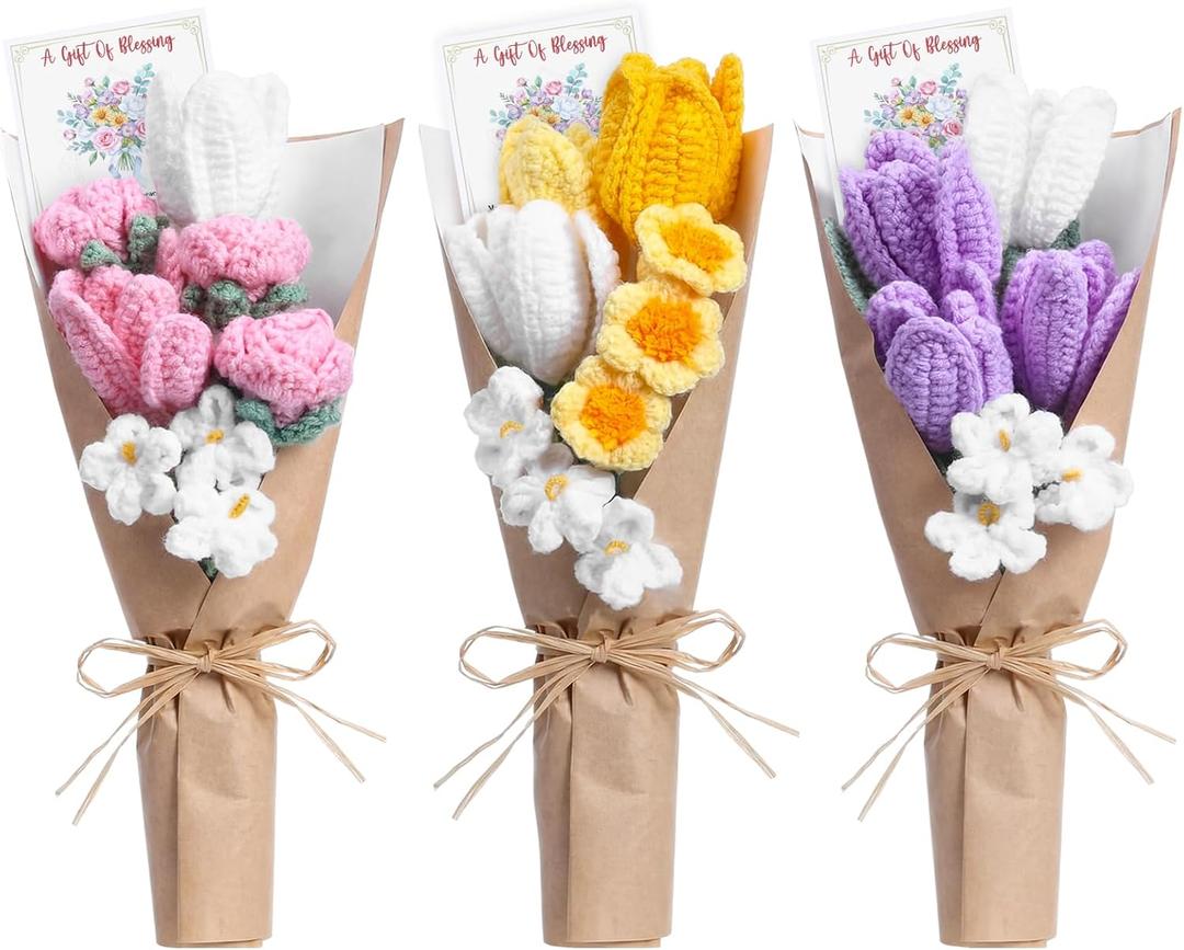 Eurzom 3 Pack Crochet Flower Bouquet with Greeting Card Handmade Crochet Tulips Preserved Flowers Bouquet Gifts Mother's Day Graduation Birthday Wedding Home Office Decor for Her