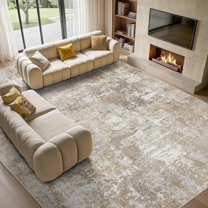 Washable 12x15 Area Rug for Living Room: Modern Abstract Neutral Large Soft Thin Rugs - Non Slip Indoor Carpet for Bedroom Dining Room Office Nursery Home Decor Floor Decoration - Brown Grey
