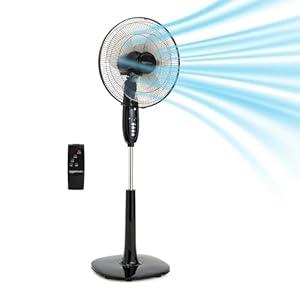 Amazon Basics 16" Pedestal Fan with Remote for Bedroom, Living Room, Office, Adjustable Height, Dual-Layered Blades, 3 Speeds, 3 Modes, Timer, Tilt Head, 60W, Black