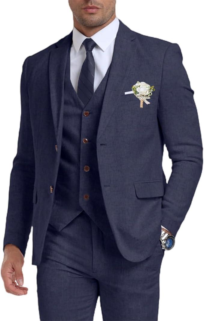 Retro Linen Mens Suit 3 Pieces Light Weight Casual Linen Summer Slim Fit Suits Tuxedo Jacket Blazer Vest Pant for Men,  L