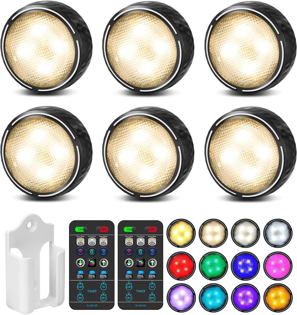 LED Puck Lights with Remote Control, Battery Operated Wireless Closet Light, Under Cabinet Lighting Stick on Tap Push Lights, Color Changing Under Counter Light for Kitchen, 6 Pack - Black
