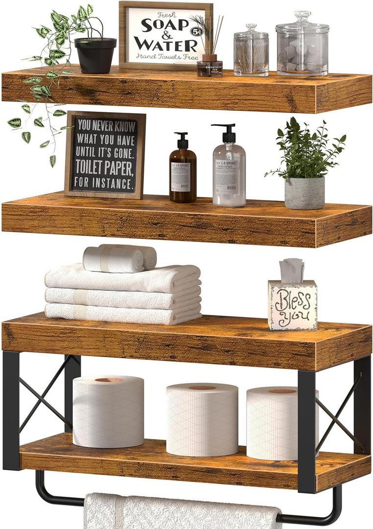 QEEIG Bathroom Shelves Over Toilet - Floating Shelf for Wall Toilet Paper Storage Farmhouse 16 inch Set of 3, Rustic Brown (029-40BN3)