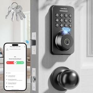 Keyless Entry Door Lock with Handle Set - Built-in WiFi, Fingerprint, App Control & Doorbell, Electronic Keypad Deadbolt with One-Time Code, Auto-Locking, Easy to Install (Black)