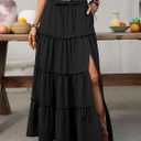 ELLEVEN Women's Summer Slit Tiered Maxi Skirt - Boho A-Line Elastic Waist Long Skirts with Pockets (Black, XL)
