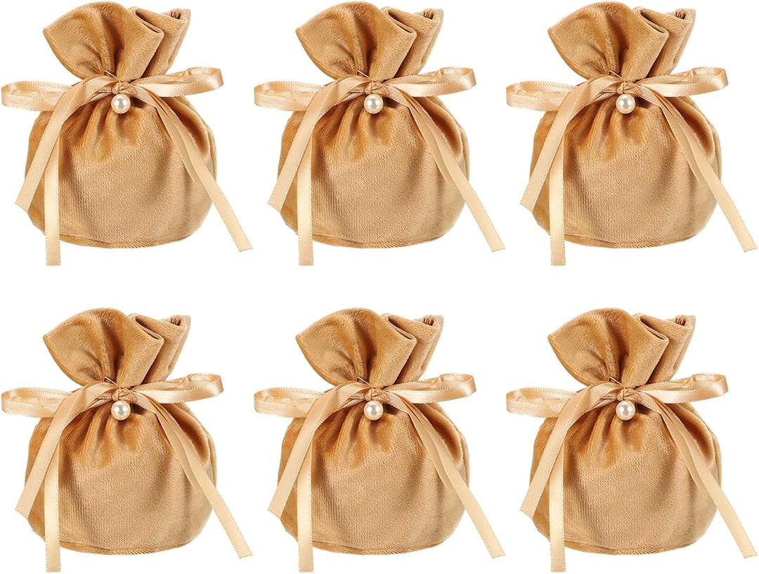 PATIKIL Velvet Drawstring Bags 6"x6", 6 Pcs Velvet Gift Bag with Pearl, Mini Candy Packaging Storage Pouches for Christmas Jewelry Webbing Party Favor, Champagne