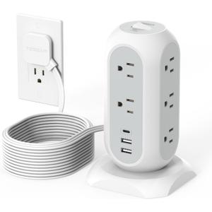 TESSAN Tower Power Strip Flat Plug with 11 Outlets 3 USB (1 USB C), Surge Protector Tower 1625W/13A,1050J Protection, 15 Feet Extension Cord with Multiple Outlets, Dorm, Office Desk Supplies, Grey (White)