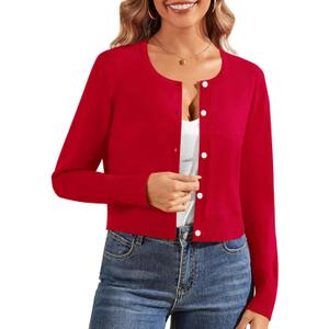 Cropped Cardigan Sweaters for Women Long Sleeve Button Down Open Front Bolero Shrugs for Dresses, S-XL (Medium, 2-Red)