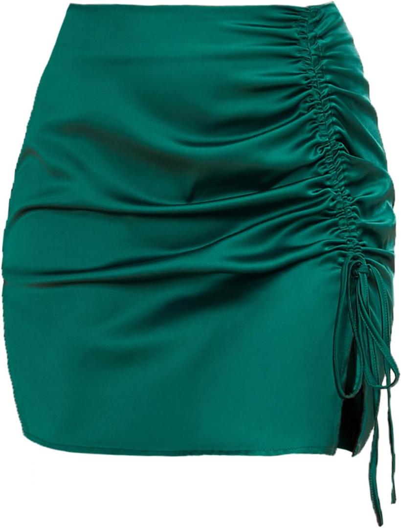 ZAFUL Women Satin Mini Skirts Sexy High Waisted Ruched Silk Bodycon Split Zipper Short Skirt (Green, XL) 