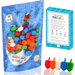100-Pack Hanukkah Dreidels Multicolor Plastic Chanuka Draydels with English Transliteration, Includes Dreidel Game Instruction Cards
