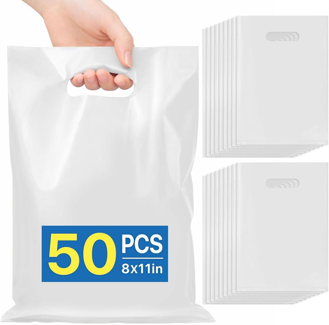 ANZNKU 50 PCS Red Party Favor Bags 8"x11", Goodie Bag for Candy Treat Jewelry Craft Easter Egg, Plastic Gift Bags with Die Cut Handles for Birthday, School Events & Small Business, Wedding