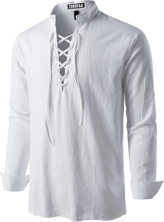 ZEROYAA Men's Medieval Vintage Long Sleeve Lace Up Shirt Renaissance Costume for Halloween Viking Pirate Cosplay S