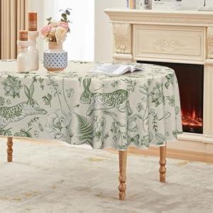 Horaldaily Easter Tablecloth 60×84 Inch Oval, Beige Easter Bunny Green Fern Flowers Washable Seasonal Table Cover for Party Picnic Dinner Decor