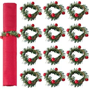 APTWOW Christmas Napkin Rings Set of 12 - Red Berry Wreath Napkin Holder, Holiday Christmas Napkin Rings for Table Decorations, Dinner Party, and Winter Weddings