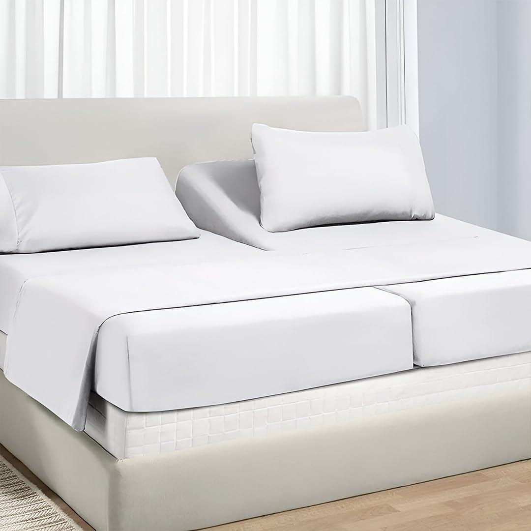 Split King Sheet Sets for Adjustable Beds Deep Pocket, Twin XL Fitted Sheet Sets for Adjustable Bed Split King 100% Extra Long Staple Cotton Deep Pocket Sheets 10-18 Inches White Stripe