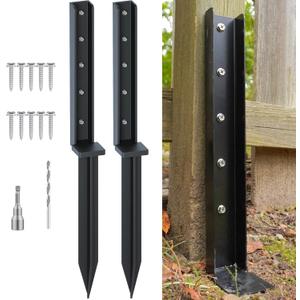 One-Piece Fence Post Repair Kit 2-Pack Heavy Duty Post Anchor 32in Metal Sturdy Ground Stakes for Repairing Tilted and Broken Wooden Fence, Black