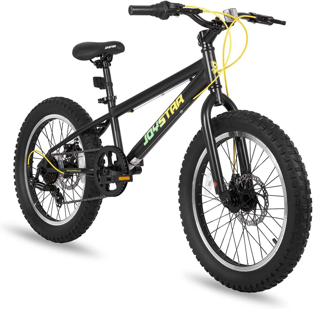 JOYSTAR 20 Inch Mountain Bike for Kids Ages 7-12 Year Old, 3-Inch Wide Knobby Tires, 7 Speed Shimano Drivetrain, Disc Brakes, Fat Tire Kids Bicycles for Boys Girls (Black)