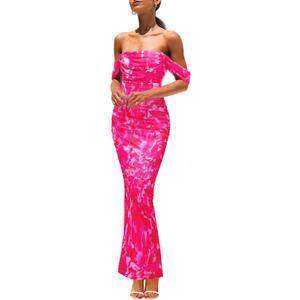 PRETTYGARDEN Cocktail Dresses for Women 2026 Summer Floral Off Shoulder Ruched Mesh Elegant Wedding Guest Maxi Dress (Pink, M)