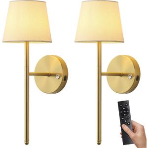 Gold Wall Sconces Set of Two, Small Rechargeable Battery Operated Wall Lamp with Remote, 5200mAh Cordless Wall Lights with Fabric Shade for Bedside, Bedroom, Nursery, Kitchen, Night Light