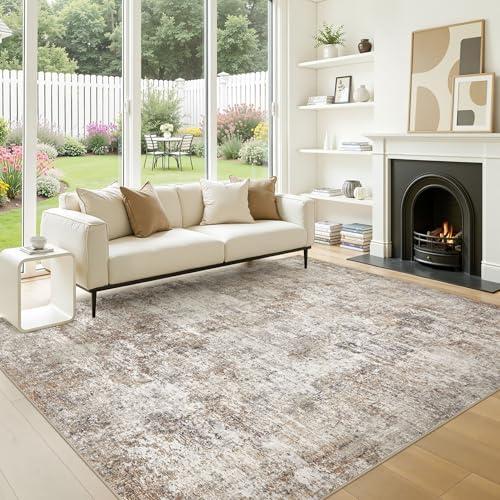 8x10 Area Rugs for Living Room: Washable Large Neutral Abstract Rug Soft Non Slip Stain Resistant Low Pile Indoor Carpet for Bedroom Dining Room Nursery Office Playroom - Brown Grey
