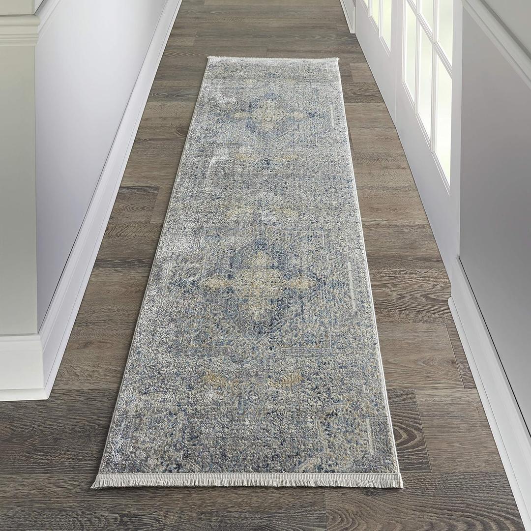 Nourison Home Silken Weave Vintage Blue/Grey 2'2" x 7'6" Area Rug, Easy Cleaning, Non Shedding, Bed Room, Living Room, Dining Room, Kitchen (2x8)