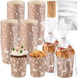 Eaasty 50 Sets Christmas Panettone Paper Molds 12 oz Large Red Buffalo Plaid Paper Baking Cups Christmas Disposable Cupcake Liners Panettone Pan Mold for Xmas Holiday Birthday Kitchen Party Supplies