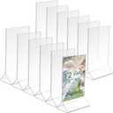 Thyle 12 Pack Acrylic Sign Holder Clear Picture Photo Frame, Double Sided T Shape Menu Table Stands Plastic Paper Flyer Display Stand with Base Photo Holders for Wedding Office Restaurant (3.5x5 Inch)