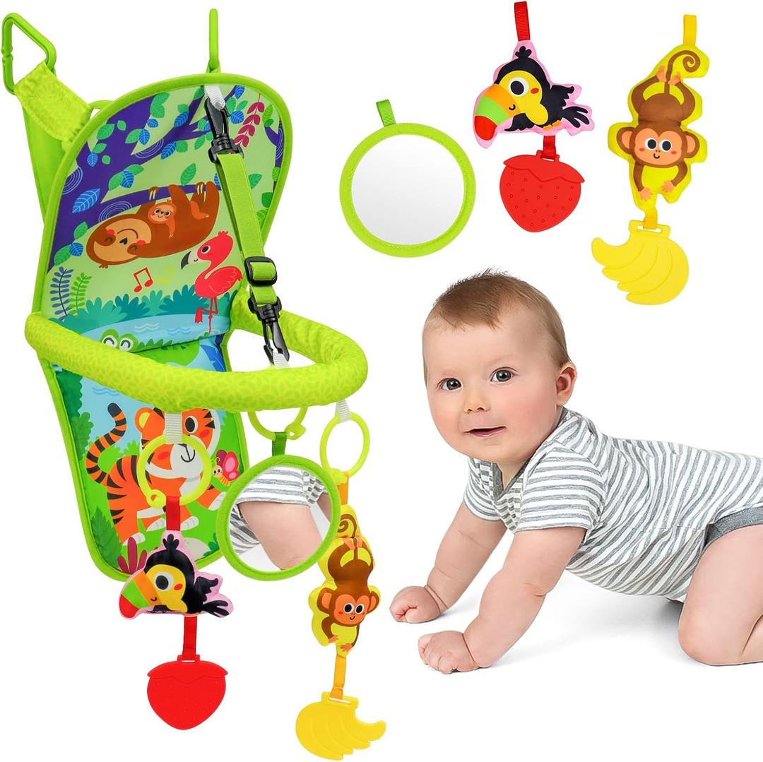 OKOOKO Car Seat Toy Rear Facing Car Seat Toy Baby Travel Toy Kick and Play with Baby Mirror Thickened Pad Adjustable Sensory Toy for Newborn Infant (Jungle)