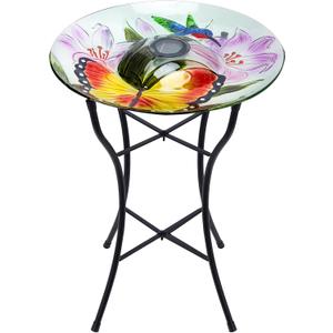 MUMTOP Glass Bird Baths for Outside, 16 Inch Width Outdoor Garden Hummingbird Butterfly Bird Bath Bowl with Solar Light and Metal Stand, Large Glass Birdbath Bird Feeder for Yard Decor, 20 Inch Height (Orange-Green)