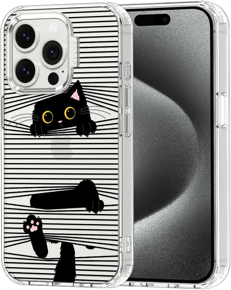 MOSNOVO Case for iPhone 15 Pro, [Buffertech 6.6ft Military-Grade Drop Protection] [Anti Peel Off Tech] Clear TPU Bumper Phone Case Cover Design - Hidden Black Cat