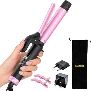 Travel Curling Iron 1 Inch,Small Curling Iron for Short Hair,Dual Voltage Curling Iron 110-240V with European Plug,Curling Iron with Clamp & Ceramic Barrel,5 Temp Digital Display,Auto Off,Temp Lock (Pink)