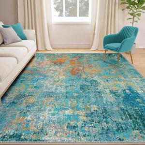 Washable Area Rugs 5'x7' Non-Slip Modern Abstract Soft for Living Room Entryway Bedroom Nursery, Print Pattern, Teal Blue Green Orange Rust Red Colorful