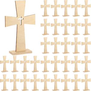 Beeveer 36 Pieces Wood Crosses for Crafts Catholic Wooden Crosses Bulk for Baptism Unfinished Wooden Cross for Centerpieces Wall Decor Wood Standing for First Communion Baptism, 8 x 5 Inch