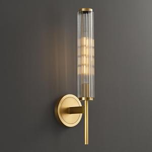 18.9" Solid Brass Wall Sconce with Ribbed Groove Glass Tube - Gold Wall lamp Includes Bulbs - Modern Brushed Copper Wall Sconces for Bathroom, Living Room, Hallway, Staircase, Mirror