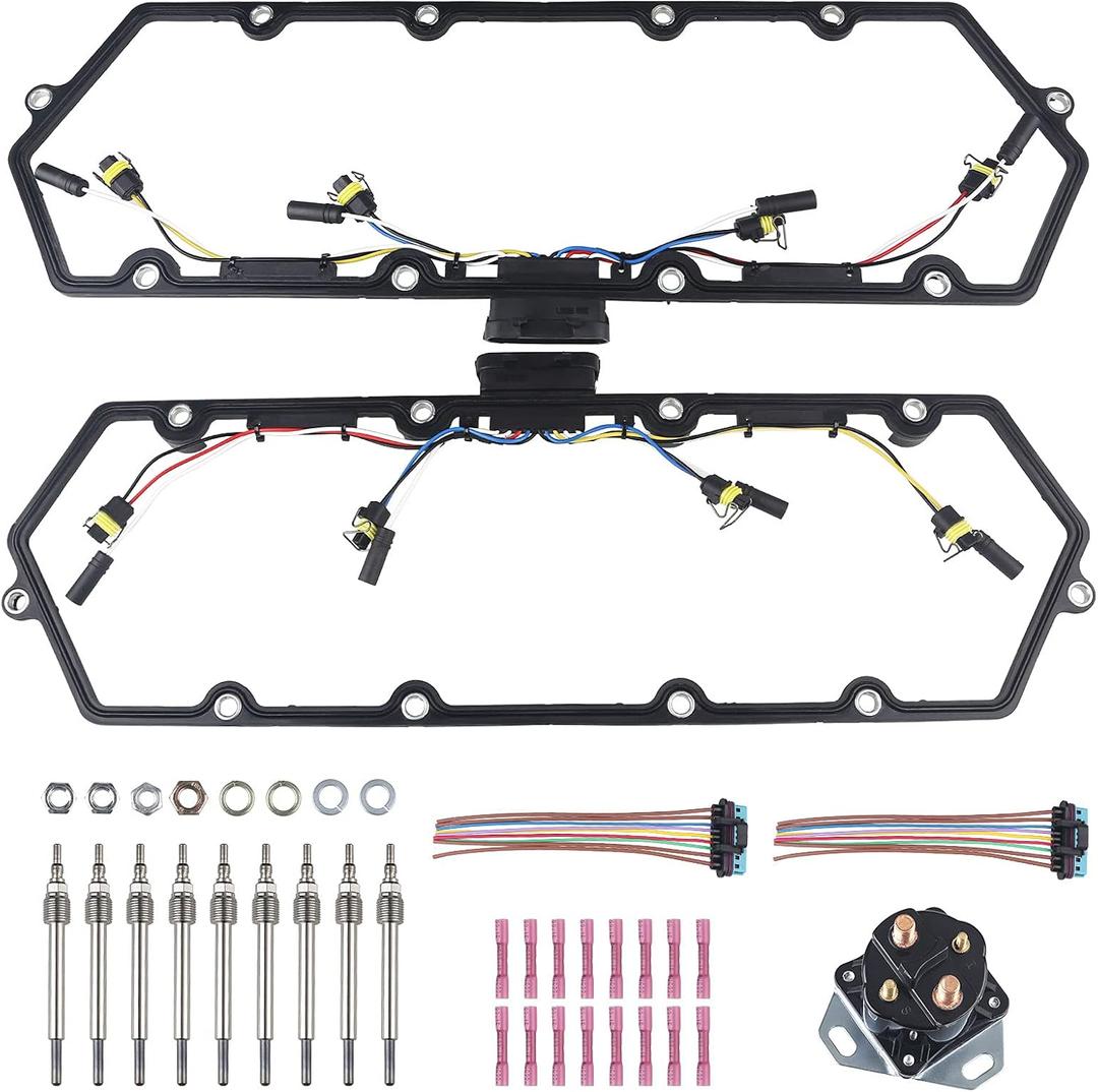 WMPHE Compatible with 2 Valve Cover Gaskets + Inner Injector Glow Plug Harness with Relay + 8 Glow Plugs Ford F250 F350 E250 E350 Diesel Powerstroke 7.3L 1999 2000 2001 2002 2003, OEM F81Z-6584-AA