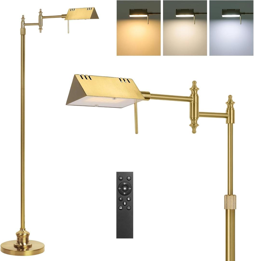 Dimmable Pharmacy Floor Lamp with Remote, 17W Gold LED Reading Floor Lamp with 360Swing Arm, 3 Color Temperature, Height Adjustable Standing Task Lamp for Living Room, Bedroom, Office, Antique Brass